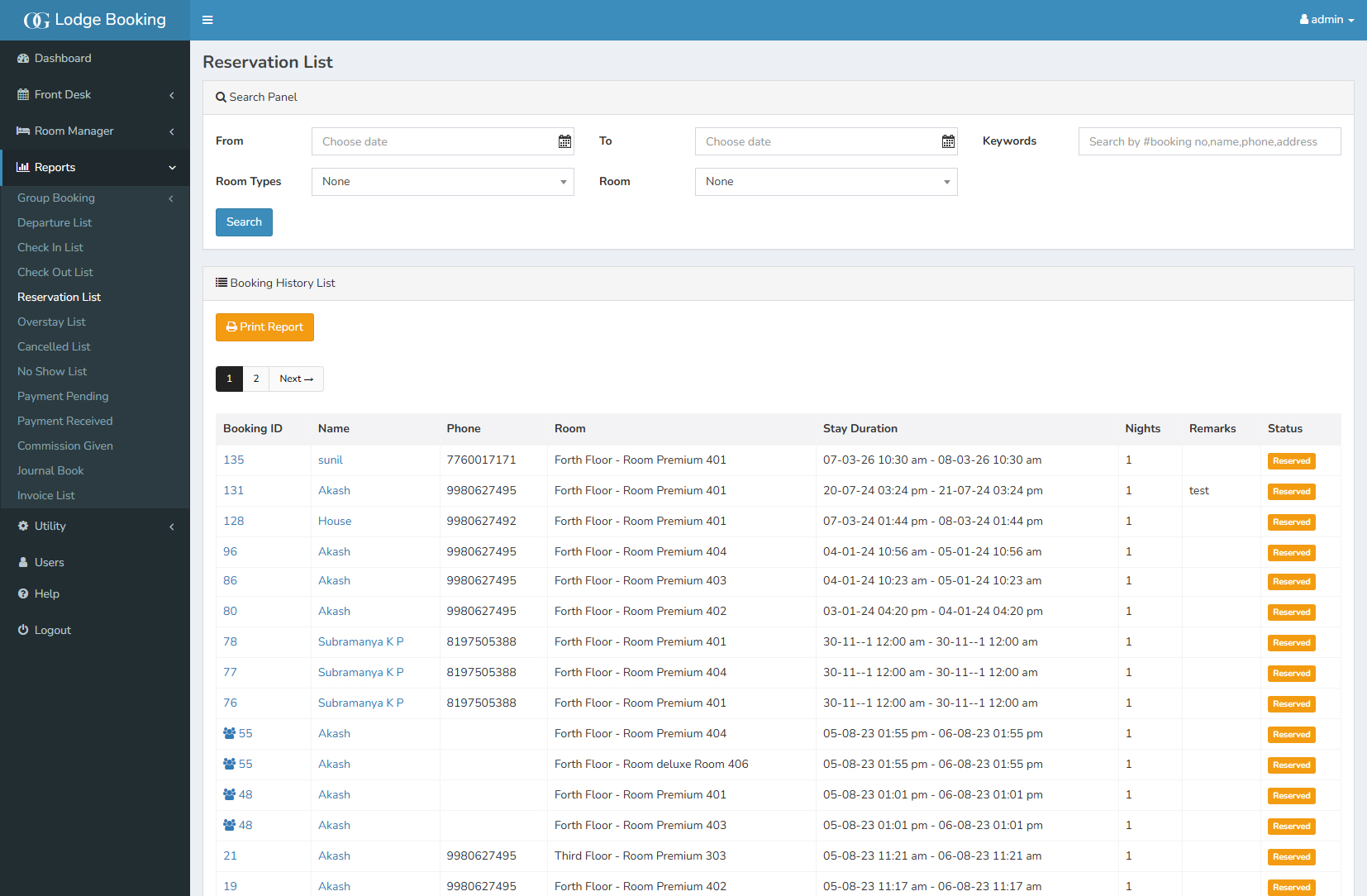 Lodge Booking Dashboard